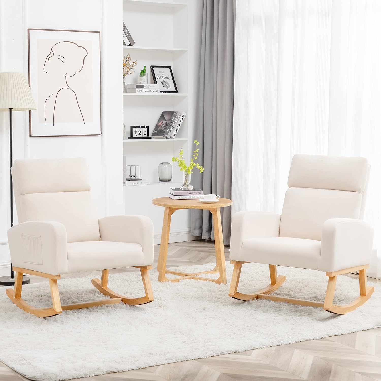 Rocking Chair Nursery - Glider Modern Accent Chairs Upholstered Nursing Rocker Padded Armchair for Indoor Living Room Bedroom Beige