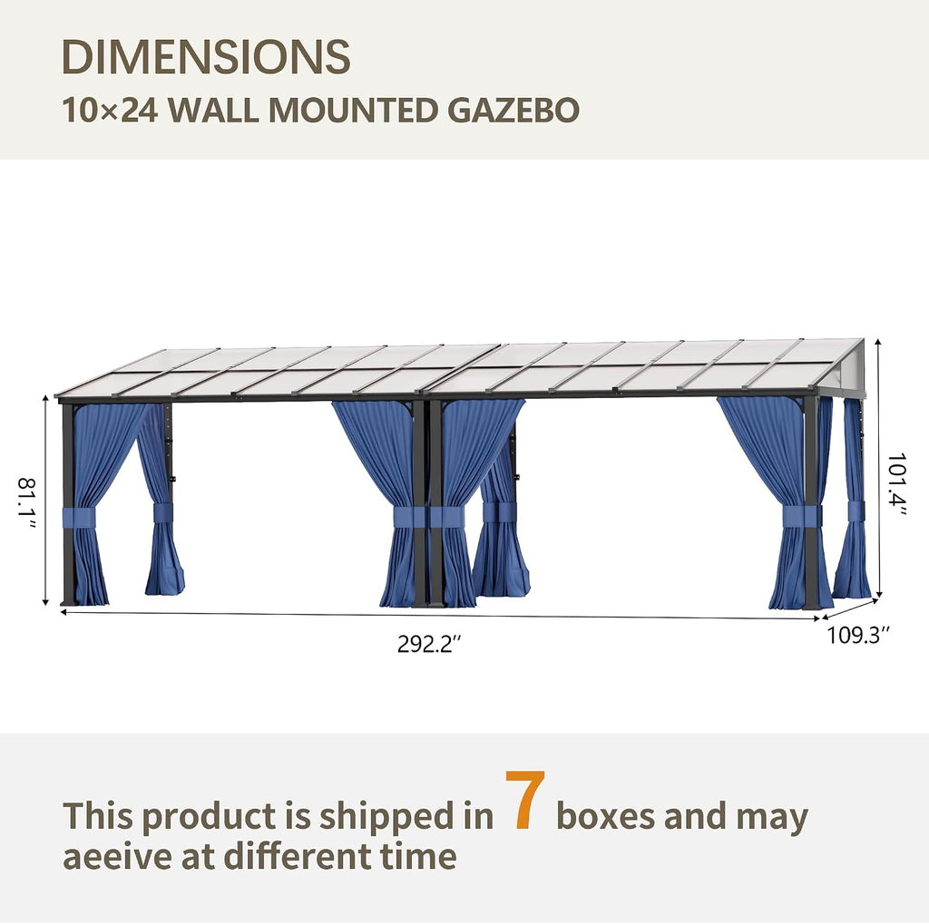 10' x 24' Gazebo for Patio,Wall Mounted Gazebo with Sloping Polycarbonate Roof,Aluminum Frame Outdoor pelgole w/Netting & Curtain for Garden,Backyard,Navyblue