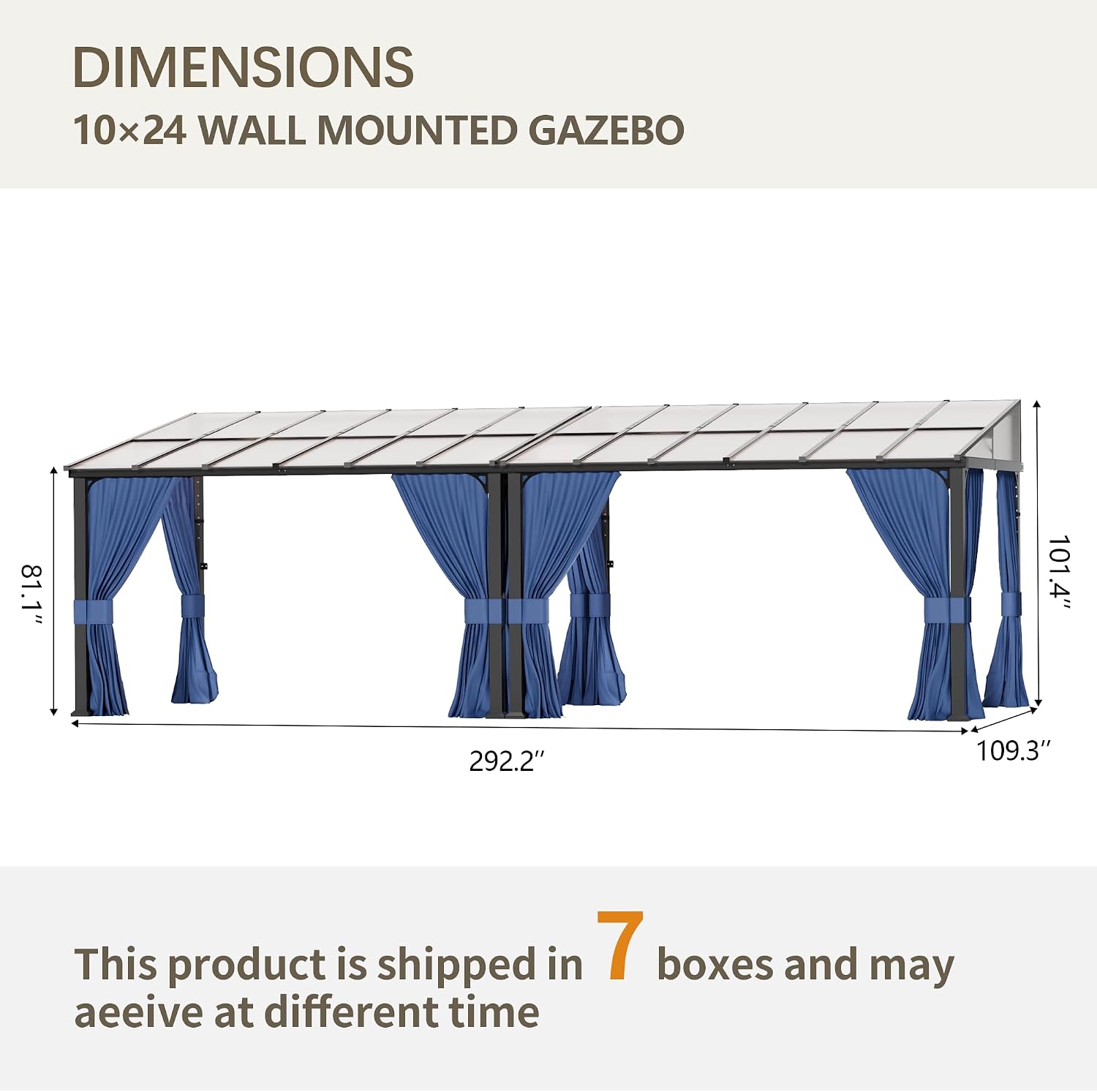 10' x 24' Gazebo for Patio,Wall Mounted Gazebo with Sloping Polycarbonate Roof,Aluminum Frame Outdoor pelgole w/Netting & Curtain for Garden,Backyard,Navyblue