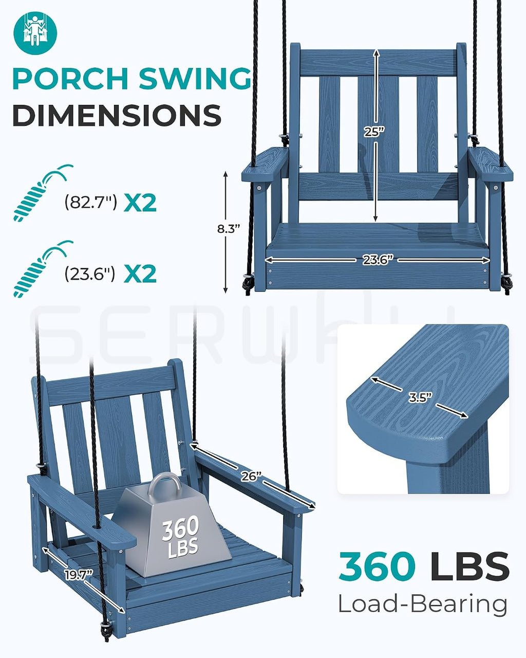 SERWALL HDPE Single Porch Swing Set of 2, Heavy Duty Single Person Swing Chair with 2 Polypropylene Hanging Ropes, Adirondack Hanging Chair for Outdoor Front Porch Patio Garden Yard, Blue