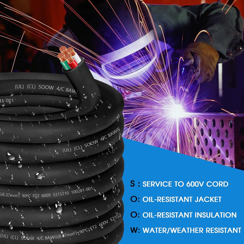 35ft 8/4 8 AWG Portable Power Cable 8 Gauge 600V SOOW Electric Wire 4 Conductor OFC 8 AWG Extension Cord Cable Wire for NEMA 14-35 Generator,Welder,RV Outlet Box,EV Battery Charger,Machinery