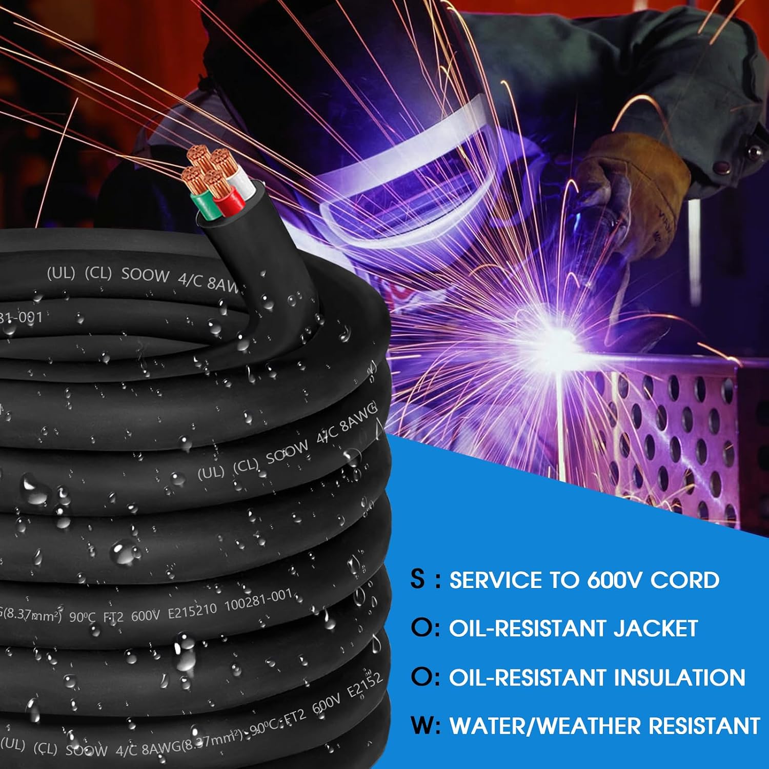 35ft 8/4 8 AWG Portable Power Cable 8 Gauge 600V SOOW Electric Wire 4 Conductor OFC 8 AWG Extension Cord Cable Wire for NEMA 14-35 Generator,Welder,RV Outlet Box,EV Battery Charger,Machinery