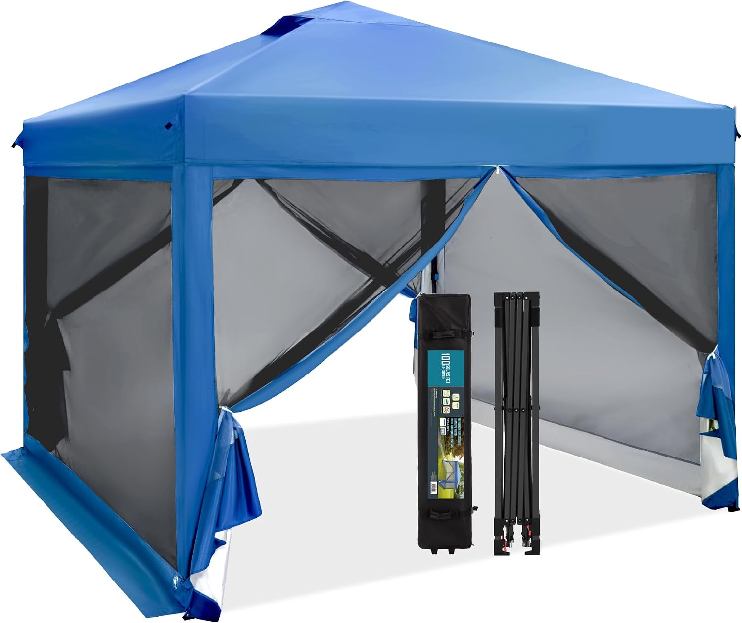 MFSTUDIO 10'x10' Pop Up Canopy Tent with Netting, Portable Instant Folding Canopy, Outdoor Canopy Screen Event Tent with 4 Zippered Mesh Netting for Garden, Blue