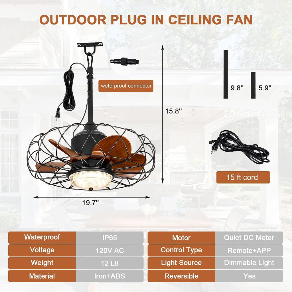 20' Waterproof Outdoor Ceiling Fan with Light for Patios Gazebo Fans Outdoor Hanging Black Caged Fandelier LED Light with Plug-in Cord for Pergola Porch Gazebo, Remote APP Control, 6 Speeds