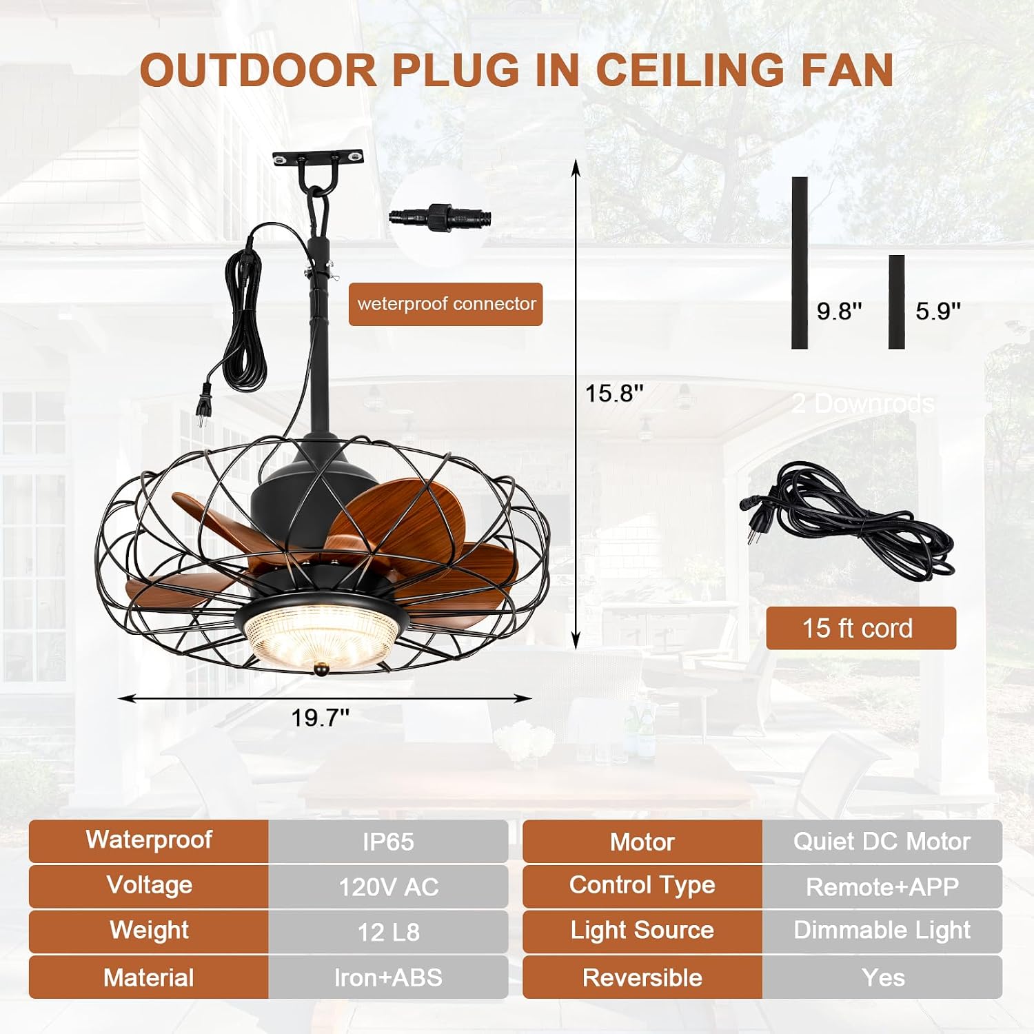 20' Waterproof Outdoor Ceiling Fan with Light for Patios Gazebo Fans Outdoor Hanging Black Caged Fandelier LED Light with Plug-in Cord for Pergola Porch Gazebo, Remote APP Control, 6 Speeds