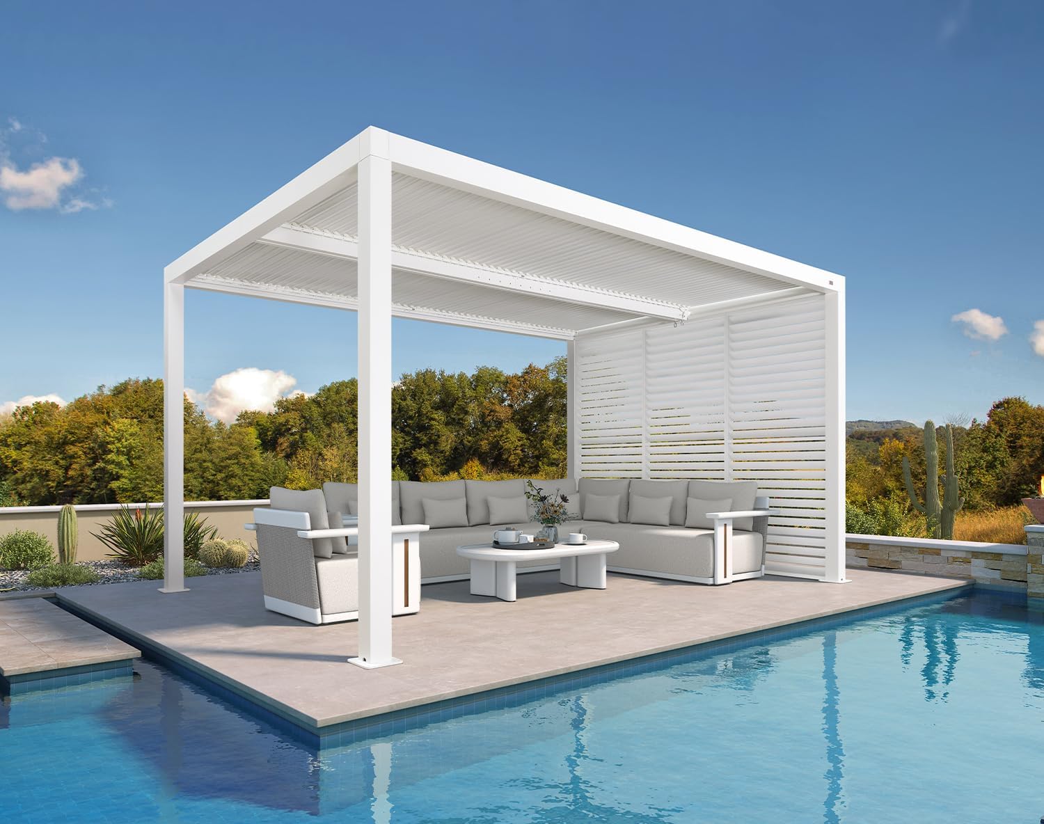 PURPLE LEAF Louvered Pergola 11' x 15' Outdoor White Aluminum Pergola with Fixed Shutter Wall Adjustable Roof Gazebo for Patio Backyard, 1 Short Side