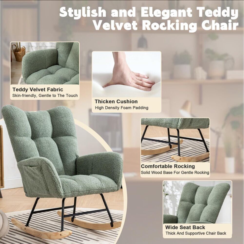 Nursery Rocking Chair Teddy Upholstered Glider Rocker Rocker Accent Chair with High Backrest Armchair Comfy Side Pocket Modern Rocking Accent Chairs for Living Room, Nursery, Office-Green