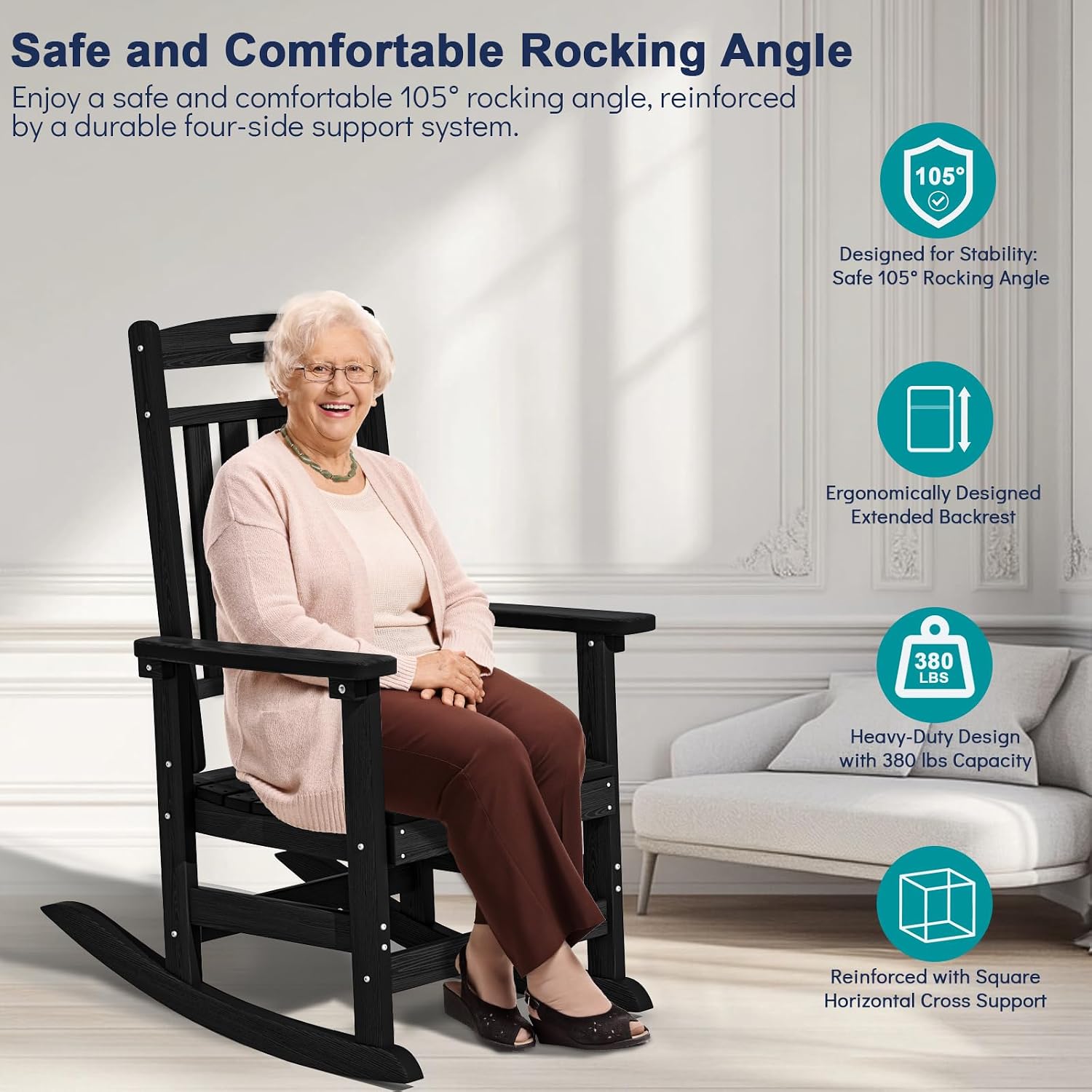 Plawdlik Oversized Rocking Chair Set of 2,HDPE All-Weather Outdoor Rocking Chair,Patio Rocking Chairs for Porch.Black