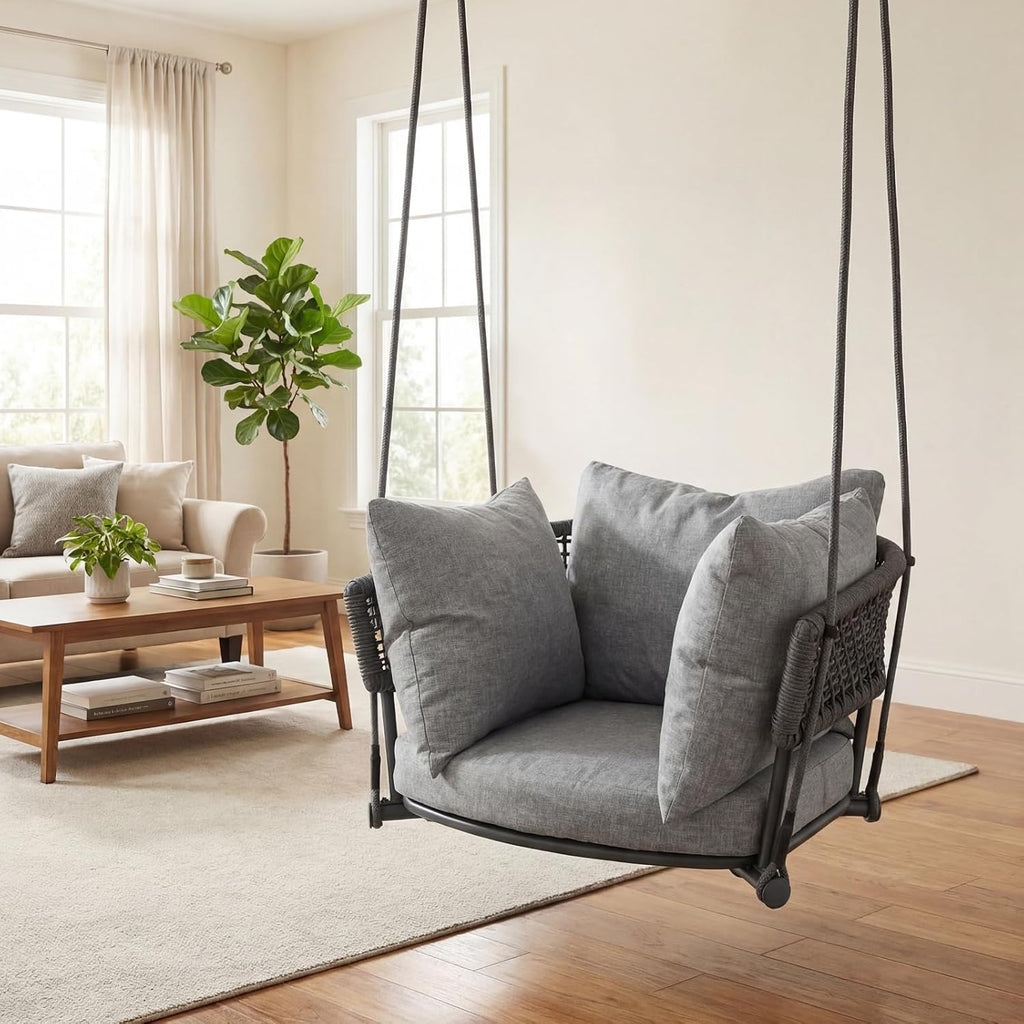 Single Porch Swings Chair with Cushions, Hanging Rope Swing, Hanging Chair for Bedroom, Hammock Chairs Swing Indoor & Outdoor, Macrame Hanging Swinging, Patio, Balcony, Light Grey