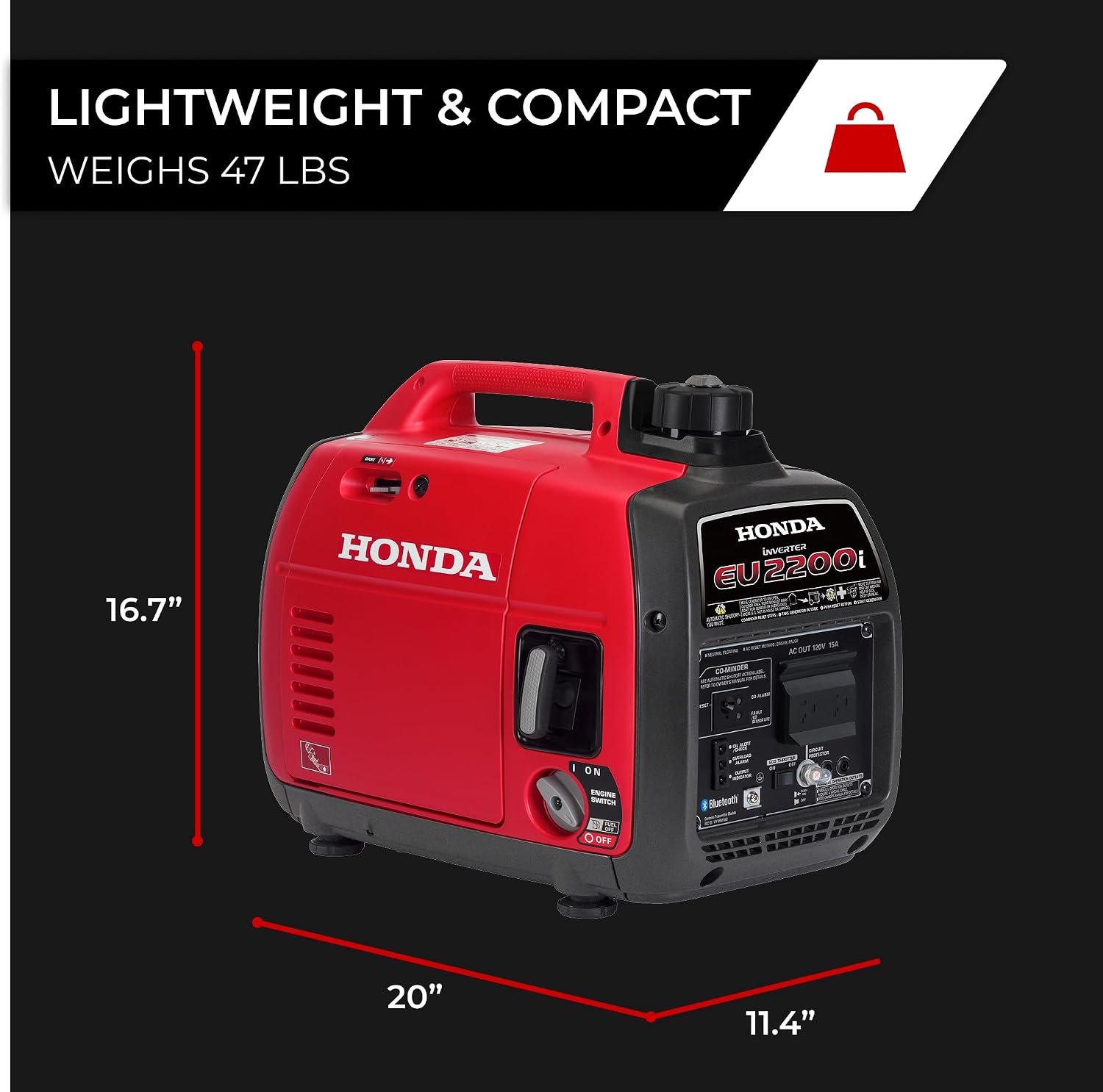 Honda EU2200i 2200 Watt Inverter Generator, Super Quiet 120V Gas Powered Portable Generator for Camping or Home Backup Power Supply, Up to 8.1 Hour Run Time (EU2200ITAG)