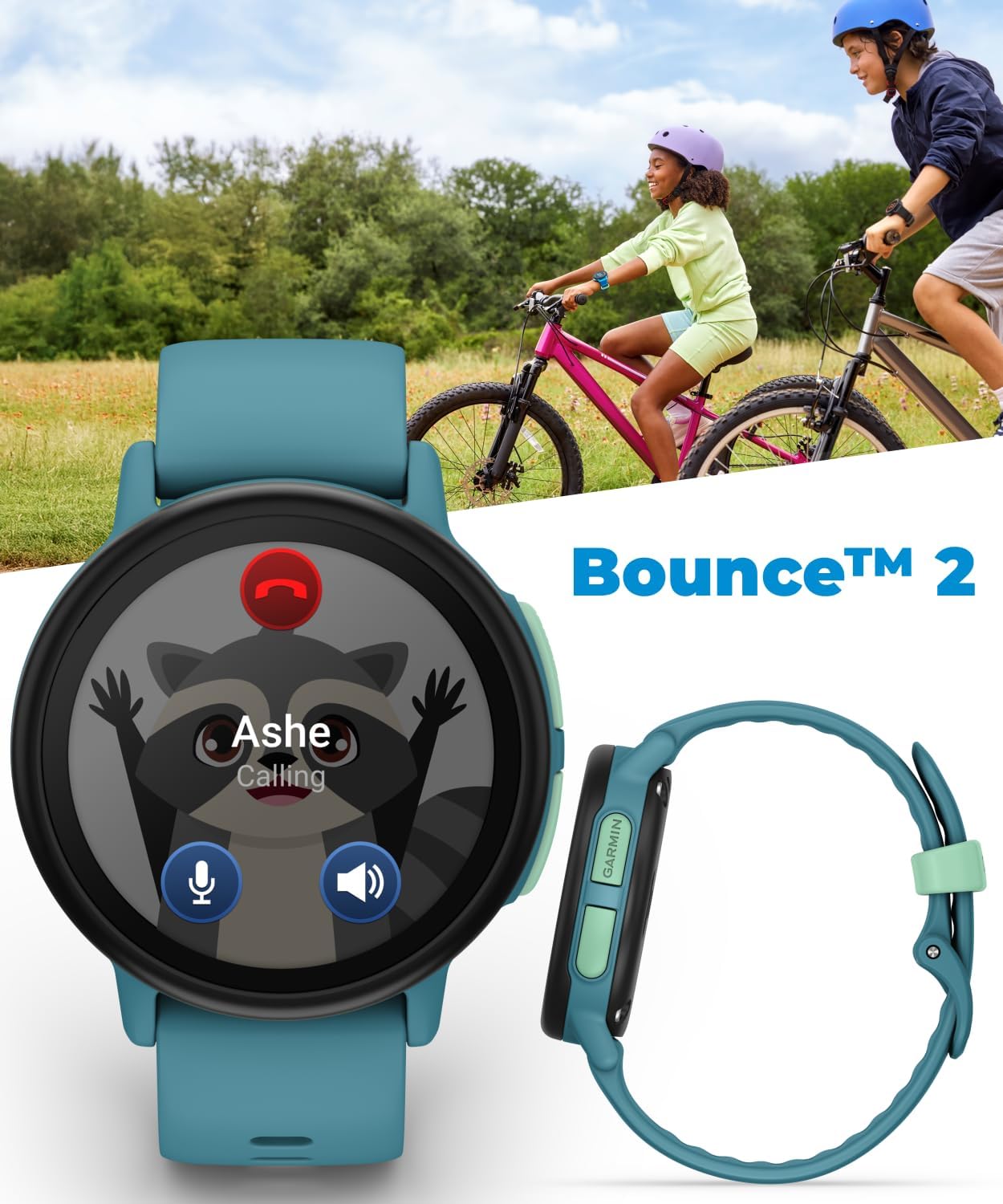 Garmin Bounce 2 Kids Smartwatch with LTE – Two-Way Calling, Text Messaging, Real-Time GPS Tracking, Swim-Friendly AMOLED Display, Music, Turquoise w/Wearable4U White Earbuds Bundle