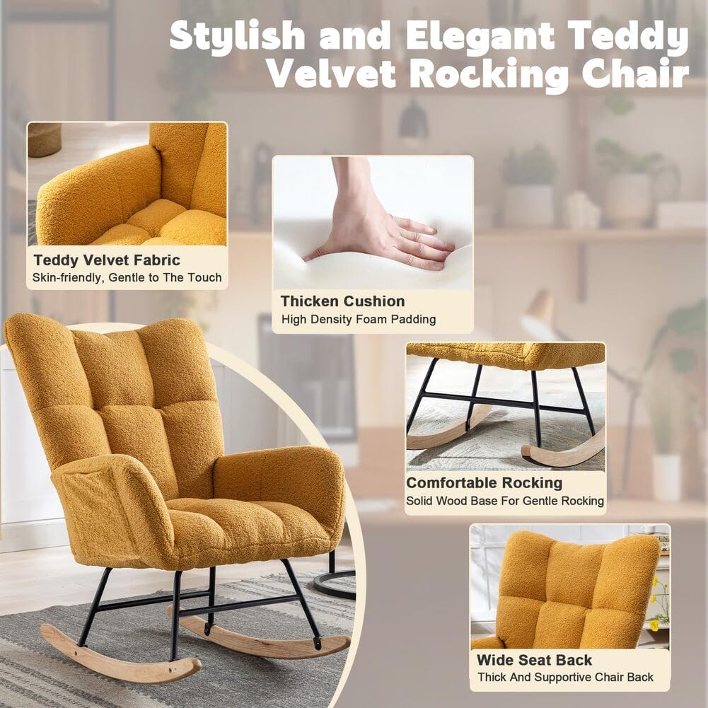 Nursery Rocking Chair Teddy Upholstered Glider Rocker Rocking Accent Chair with High Backrest Armchair Comfy Side Chair for Living Room, Bedroom, Offices (Turmeric)