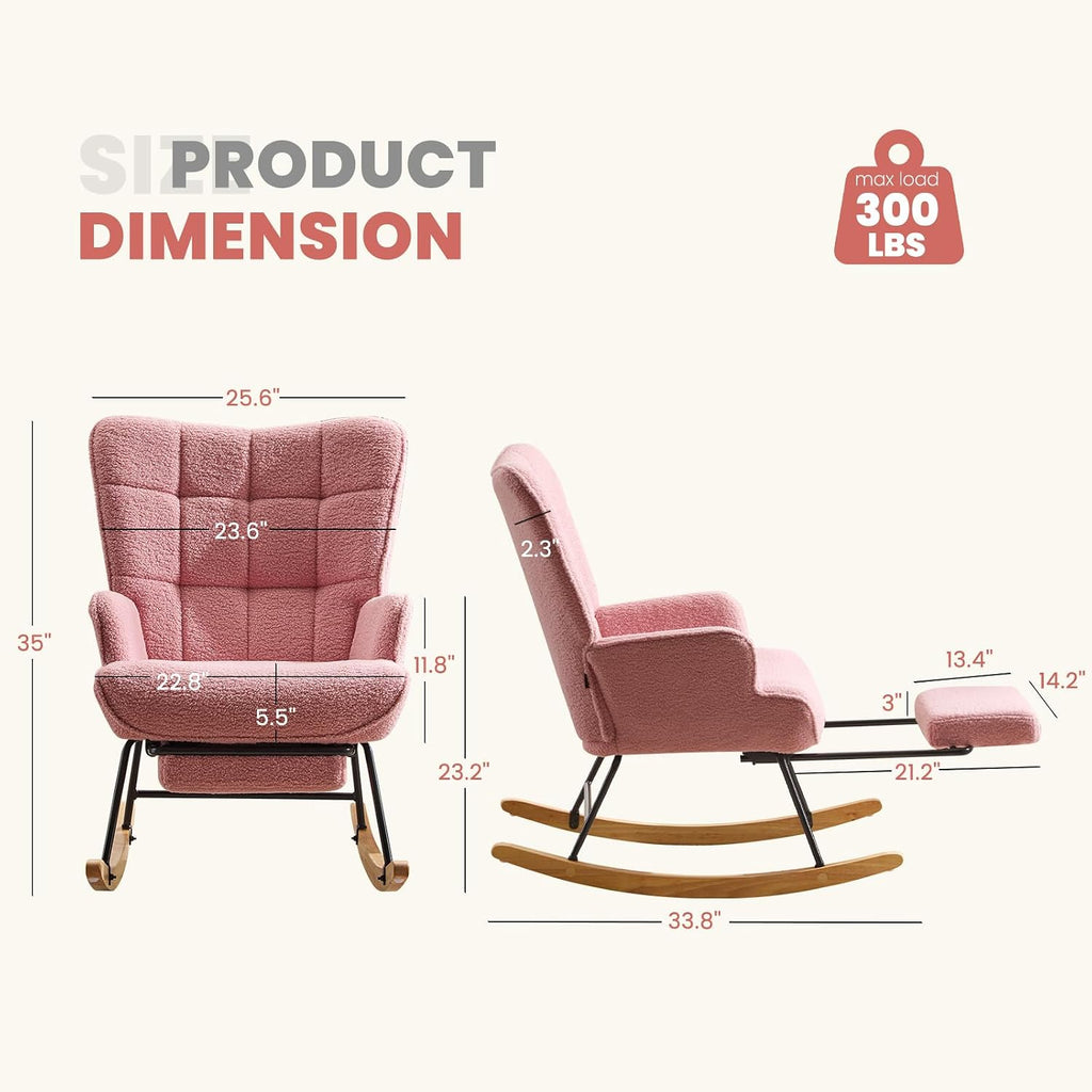 Furniliving Nursery Rocking Chair Modern Armchair Upholstered Glider Rocking Chair Accent Chair with Retractable Footrest Reading Chair with High Backrest Solid Wood Base for Bedroom, Pink, Teddy