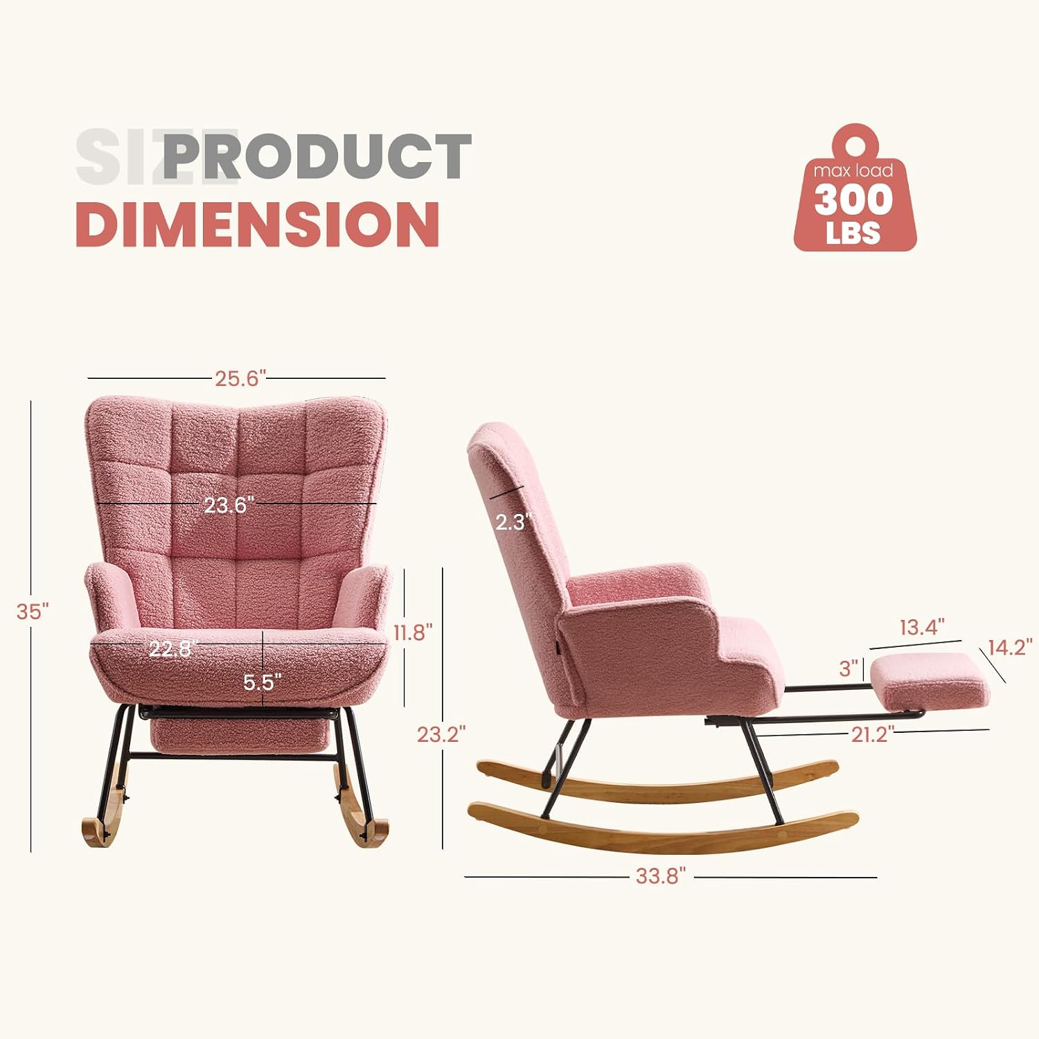 Furniliving Nursery Rocking Chair Modern Armchair Upholstered Glider Rocking Chair Accent Chair with Retractable Footrest Reading Chair with High Backrest Solid Wood Base for Bedroom, Pink, Teddy