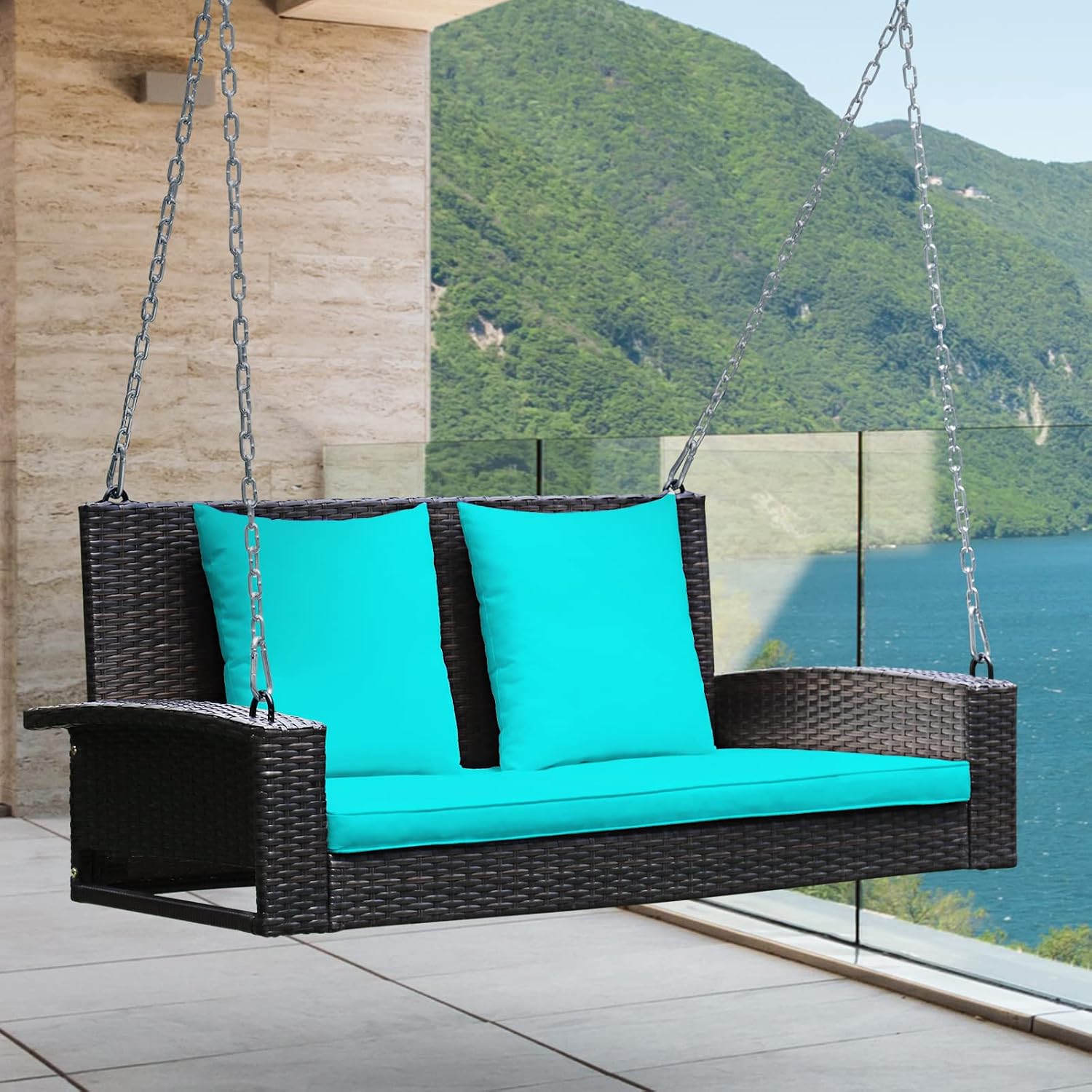 RELAX4LIFE Porch Swing 2-Seat Patio Rattan, Wicker Porch Swings Outdoor W/Two 7.9 Ft Solid Steel Chain, Comfortable Back & Seat Cushions, for Front Porch, Garden, Backyard Patio Swing (Turquoise)