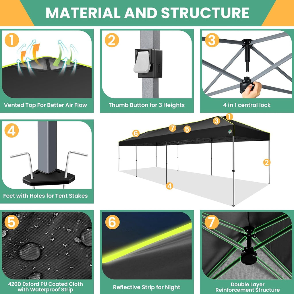 COBIZI 10x30 Pop Up Canopy Tent, Wedding Party Tent with 8 Sidewall One Push Setup Glow, 3 Adjustable Height Air Vent Waterproof UPF50+, Wheeled Bag, Sandbag, Stake, Rope for Commercial, Outdoor