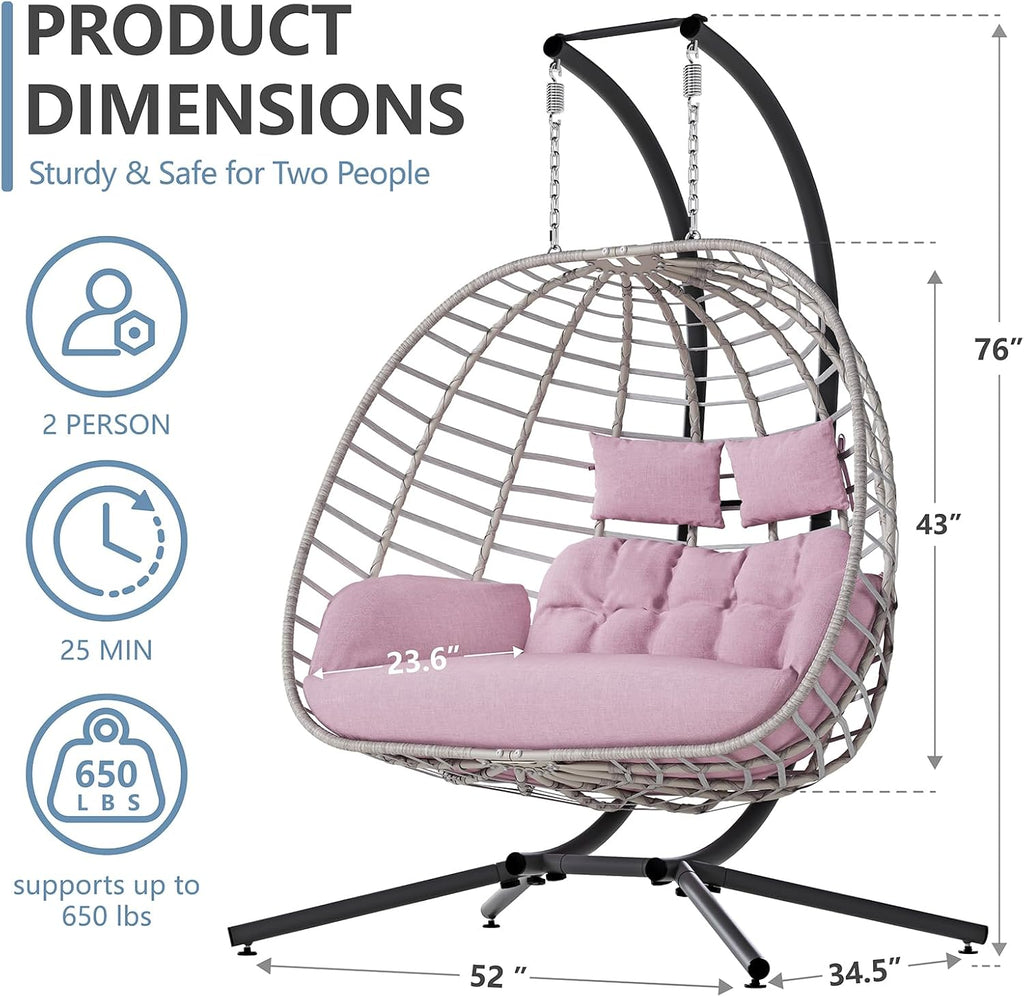 SWITTE Double Egg Swing Chair with Stand, Outdoor Patio 2 Person Hanging Wicker Hammock Chairs with Cushion for Indoor Bedroom, Lawn, Garden-Pink