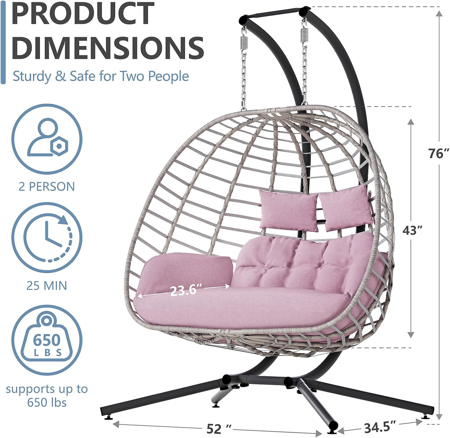 SWITTE Double Egg Swing Chair with Stand, Outdoor Patio 2 Person Hanging Wicker Hammock Chairs with Cushion for Indoor Bedroom, Lawn, Garden-Pink