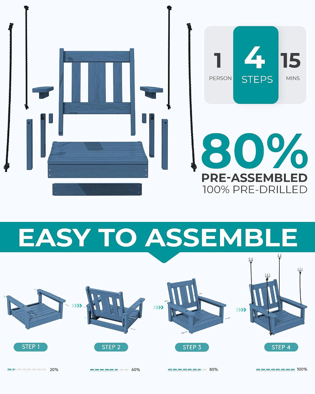 SERWALL HDPE Single Porch Swing Set of 2, Heavy Duty Single Person Swing Chair with 2 Polypropylene Hanging Ropes, Adirondack Hanging Chair for Outdoor Front Porch Patio Garden Yard, Blue