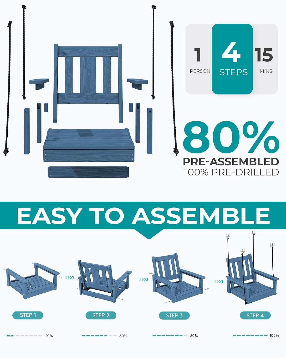 SERWALL HDPE Single Porch Swing Set of 2, Heavy Duty Single Person Swing Chair with 2 Polypropylene Hanging Ropes, Adirondack Hanging Chair for Outdoor Front Porch Patio Garden Yard, Blue
