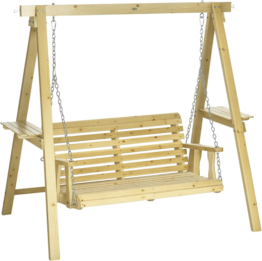 Outsunny 2-Seat orch Swing with Stand, Wooden Patio Swing Chair with Side Tables and Metal Chains, Outdoor Hanging Bench for Garden, Poolside, Backyard, Natural Wood