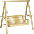 Outsunny 2-Seat orch Swing with Stand, Wooden Patio Swing Chair with Side Tables and Metal Chains, Outdoor Hanging Bench for Garden, Poolside, Backyard, Natural Wood