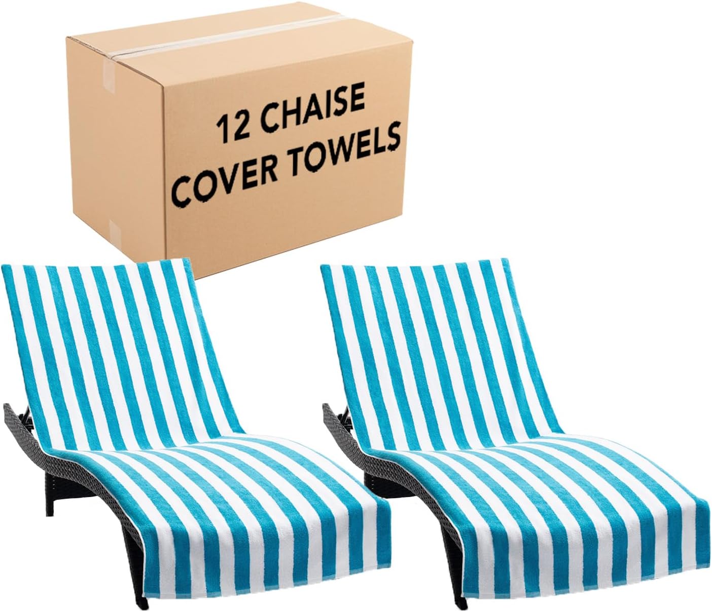 Arkwright California Chaise Lounge Cover - Case of 12 - Striped Soft Cotton Cabana Towel with Pocket Holder for Beach Pool Outdoor Chair, 30 x 85 in., Blue