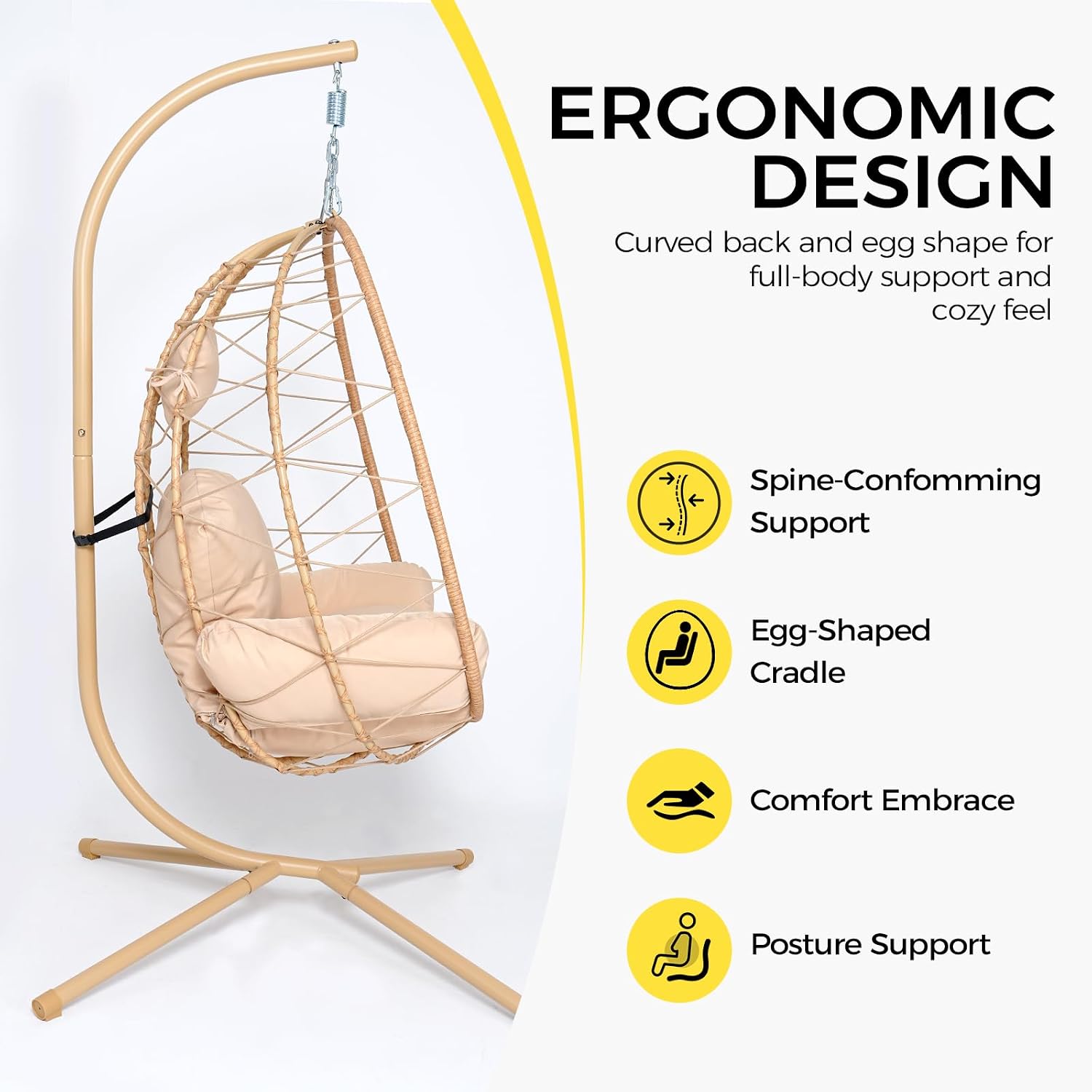 Egg Chair with Stand, Wicker Hanging Chair for Outdoor Patio, Cushioned Hammock Swing for Bedroom Garden Indoor/Outdoor, Double-Zipper Structure Hanging Egg Chair (Yellow and Beige)