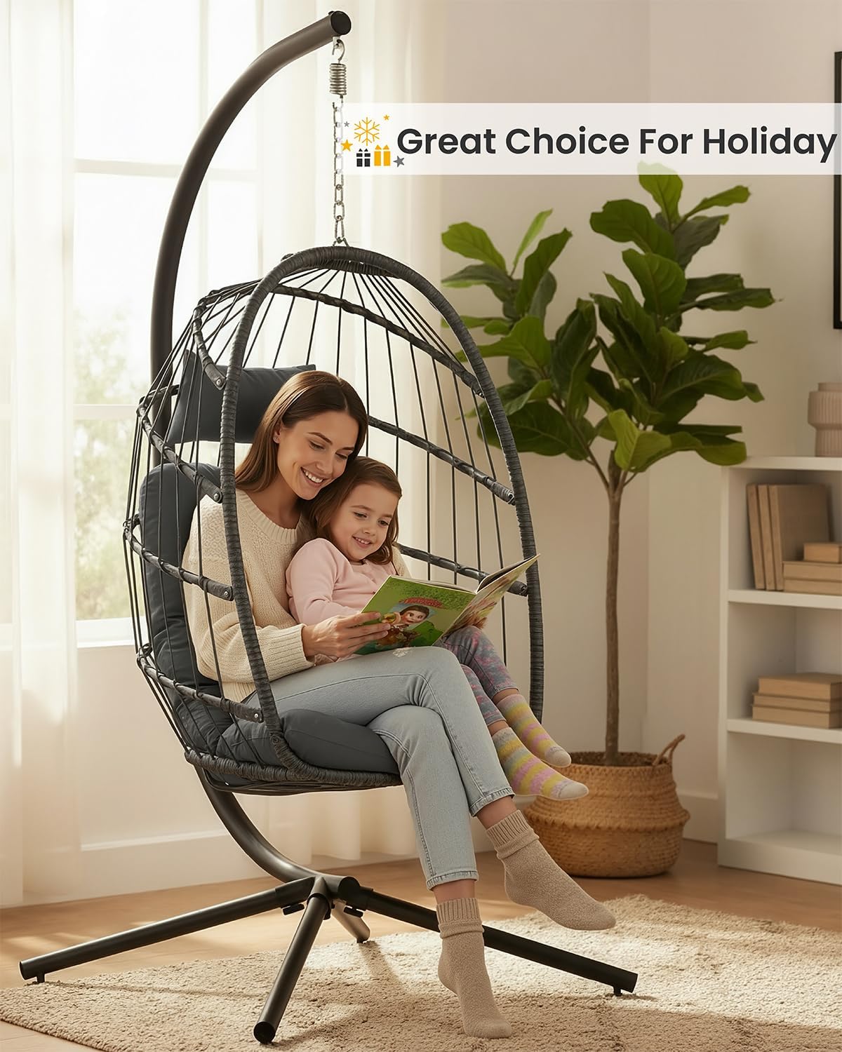 Hanging Egg Chair with Stand, Indoor Outdoor Wicker Patio Egg Swing Chair with Cushion for 350LBS Capacity, Hanging Hammock Chair for Bedroom, Garden, Porch - Dark Grey