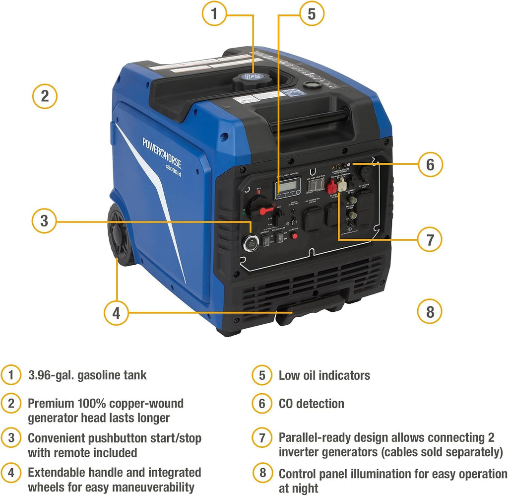 Powerhorse Inverter Generator, 8000 Surge Watts, 6000 Rated Watts, 62dB, Dual Fuel