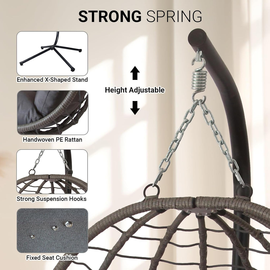 JOINFUN Egg Chair with Stand, Patio Wicker Hanging Swing Egg Chair Thickened, Galvanized Pipe Steel Frame and UV Resistant Cushion for Bedroom Garden Indoor Outdoor, 350LBS Capacity (Drak Grey)