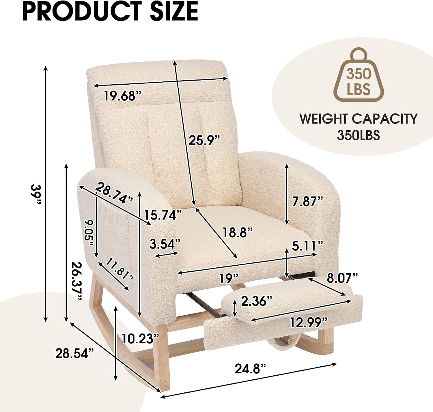 NIOIIKIT Modern Nursery Rocking Chair, Teddy Upholstered Rocking Chair with Footrest, Comfortable Glider Rocker with Side Pocket for Living Room, Bedroom, Nursing Room (Beige)