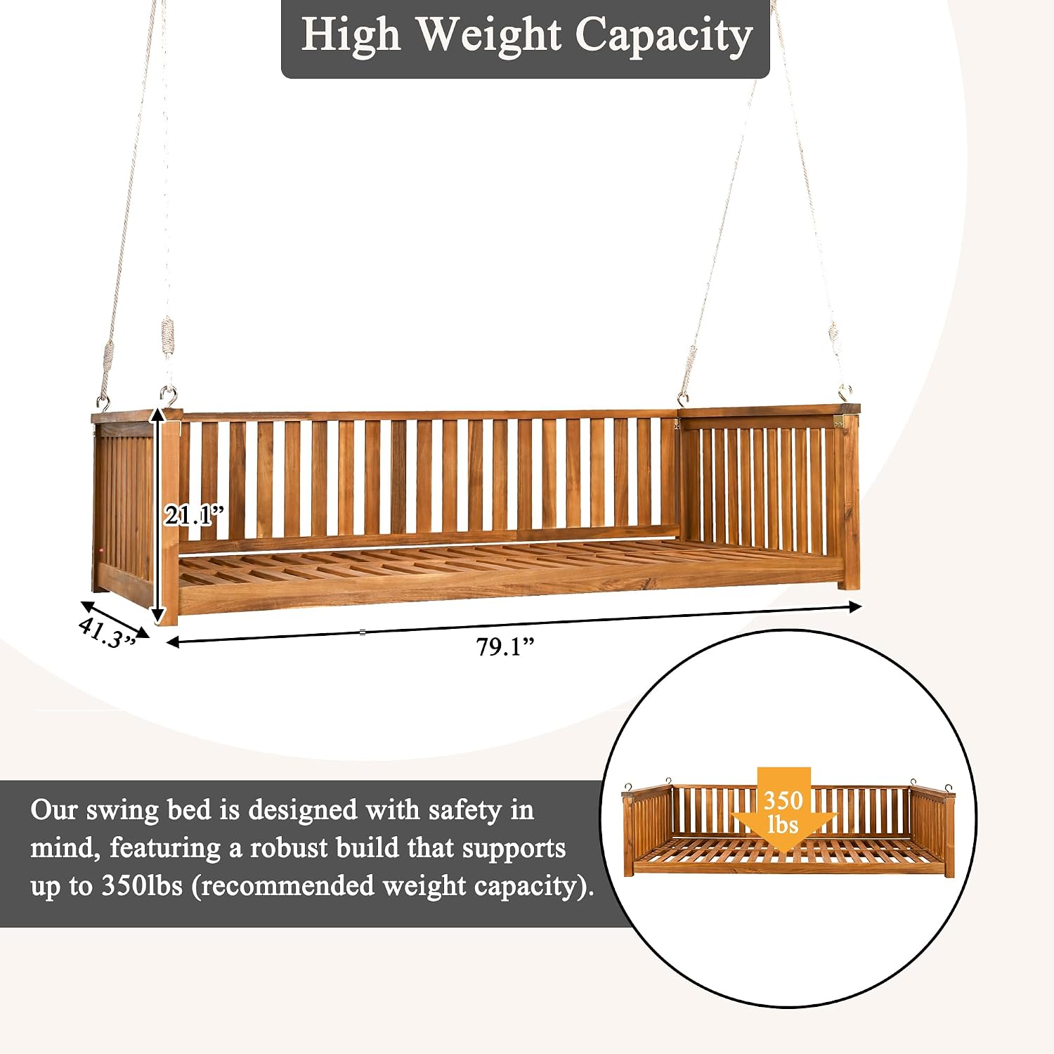 Minimalist 2-Person Acacia Wood Swing Bed, Patio Porch Swing with Ropes for Backyard Garden, Safe Sloped Design (Teak/Acacia)