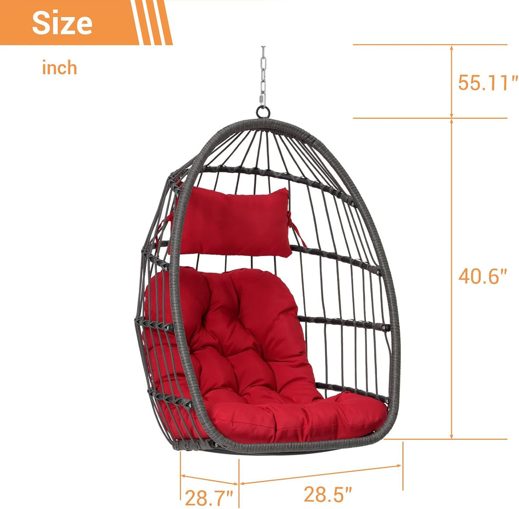 Egg Swing Chair with UV Resistant & Strong Frame, Wicker Rattan Egg Chair with Stand, 360 lbs Capacity Hanging Chairs for Indoor & Outdoor Use, Patio Balcony Garden Bedroom, Red