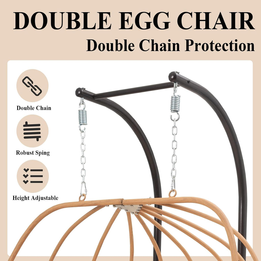 Oversized Egg Chair Outdoor, Double Egg Chairs with Stand, Round Hanging Chair with Stand, 600Lbs Sturdy Loveseat Swinging Egg Chairs for Balcony, Patio, Deck, Brown