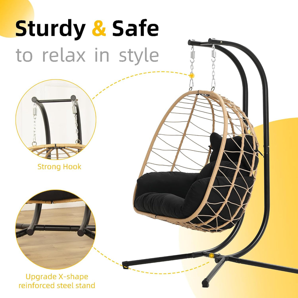 DoubleTT Double Indoor/Outdoor Wicker Swing Egg Chair Hammock Foldable Hanging Loveseat with Stand, UV Resistant Removable Cushions, 700LBS Capacity for Bedroom, Balcony, Garden (Yellow and Black)