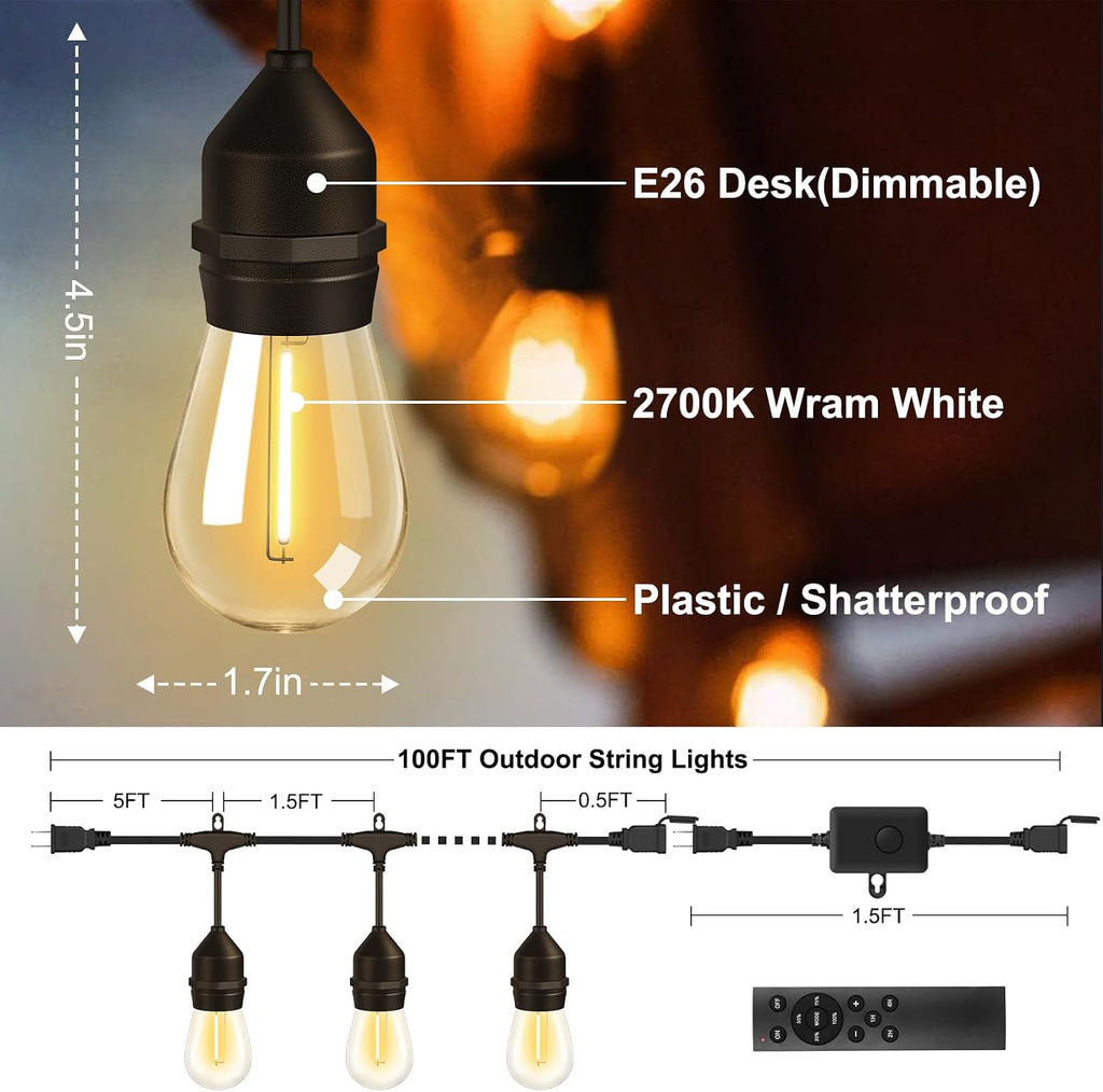 100FT Outdoor String Lights with 64+4 Bulbs (1.5FT Bulbs Spacing), Remote & Dimmer, Commercial Patio String Lights with 3 Mode Light & Timing, IP65 Waterproof, 100PC Mounting Ties for Outside