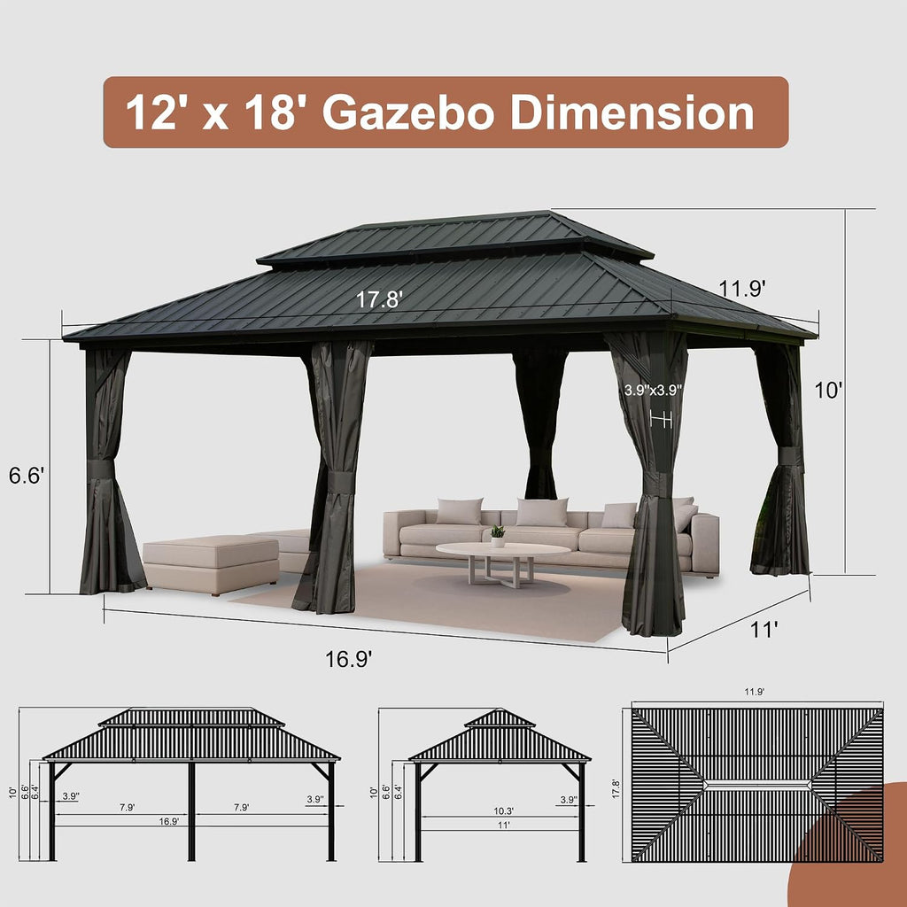 Hardtop Gazebo 12x18FT, Aluminum Outdoor Gazebo with Galvanized Steel Double Roof Canopy, Curtains and Nettings, Metal Gazebo Permanent Pavilion for Patio Wedding, Party, Outdoor Dining, Gray