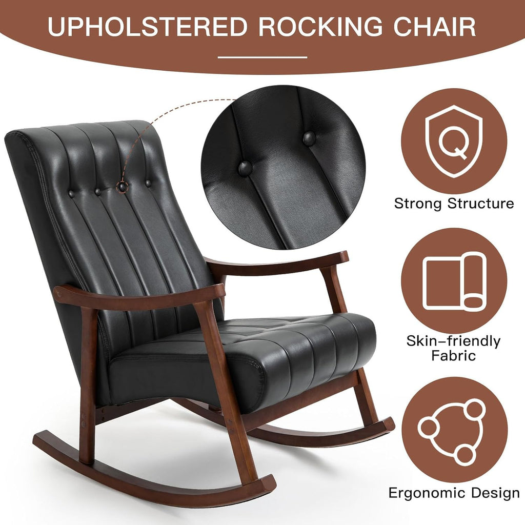 AVAWING Upholstered Rocking Chair with PU Leather Padded Seat,Comfortable Rocker Solid Wood for Living Room,Modern High Back Armchair,Adult Single Sofa,Old Man Chair (Black)