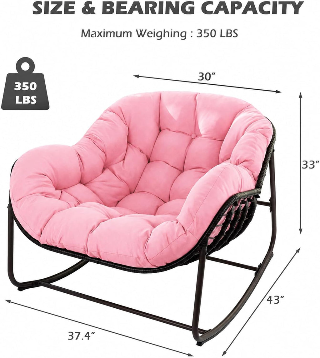 Papasan Rocking Chair, Oversized Papasan Chair with Cushion and Frame for Indoor& Outdoor,Egg-Shaped Patio Rocking Chair for Garden, Deck, Living Room, Pink