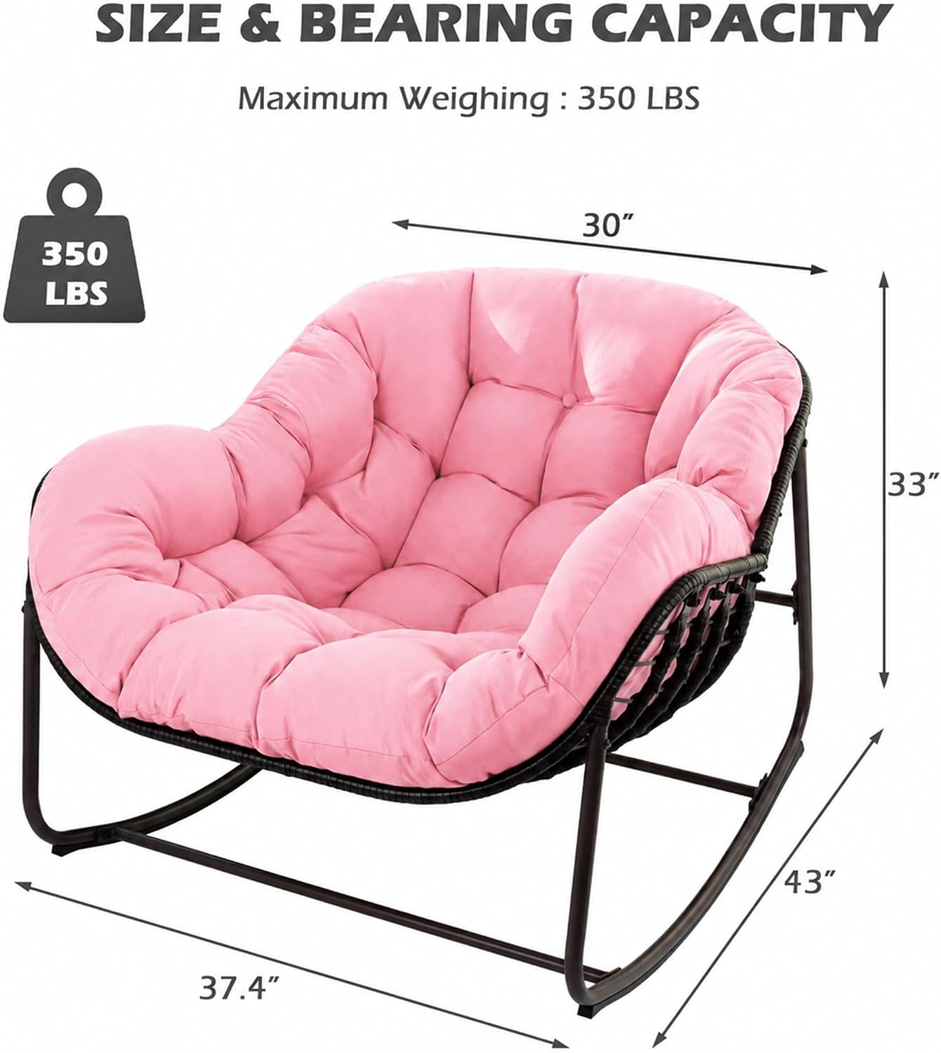 Papasan Rocking Chair, Oversized Papasan Chair with Cushion and Frame for Indoor& Outdoor,Egg-Shaped Patio Rocking Chair for Garden, Deck, Living Room, Pink
