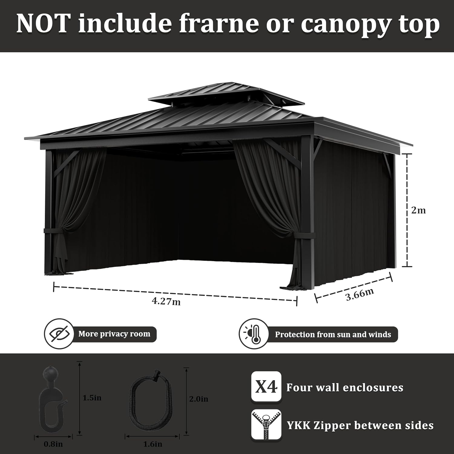 Outdoor Gazebo Curtain Replacement Universal 4-Panel Sidewalls 12' X 14',Outdoor Patio Waterproof Privacy Curtain with Double Zipper for Patio,Garden, and Backyard (Curtain Only)
