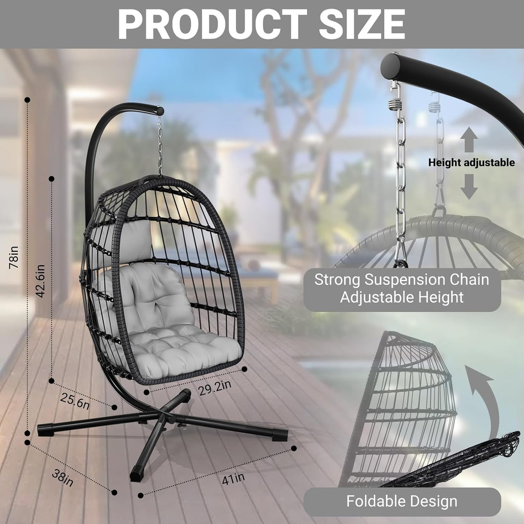 CHABATREE Egg Chair with Stand,Patio Rattan Wicker Hanging Swing Egg Chair Hammock Chair for Bedroom Porch Garden,Thickened Aluminum Alloy Steel Frame and UV Resistant Cushion,350LBS Capacity