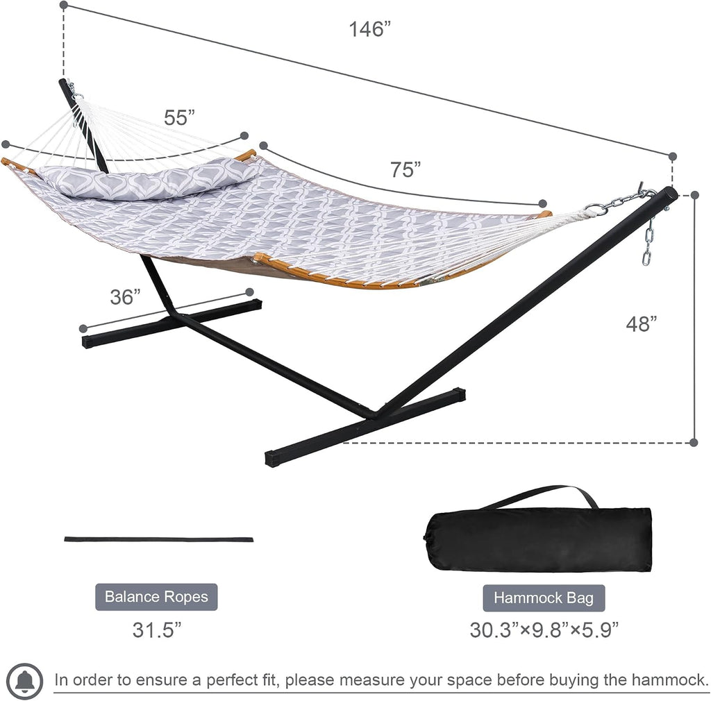 Large Hammock with 12FT Steel Stand, Freestanding Hammock with Curved Spreader Bar, Pillow and Portable Bag for Outside, Gray Ripples