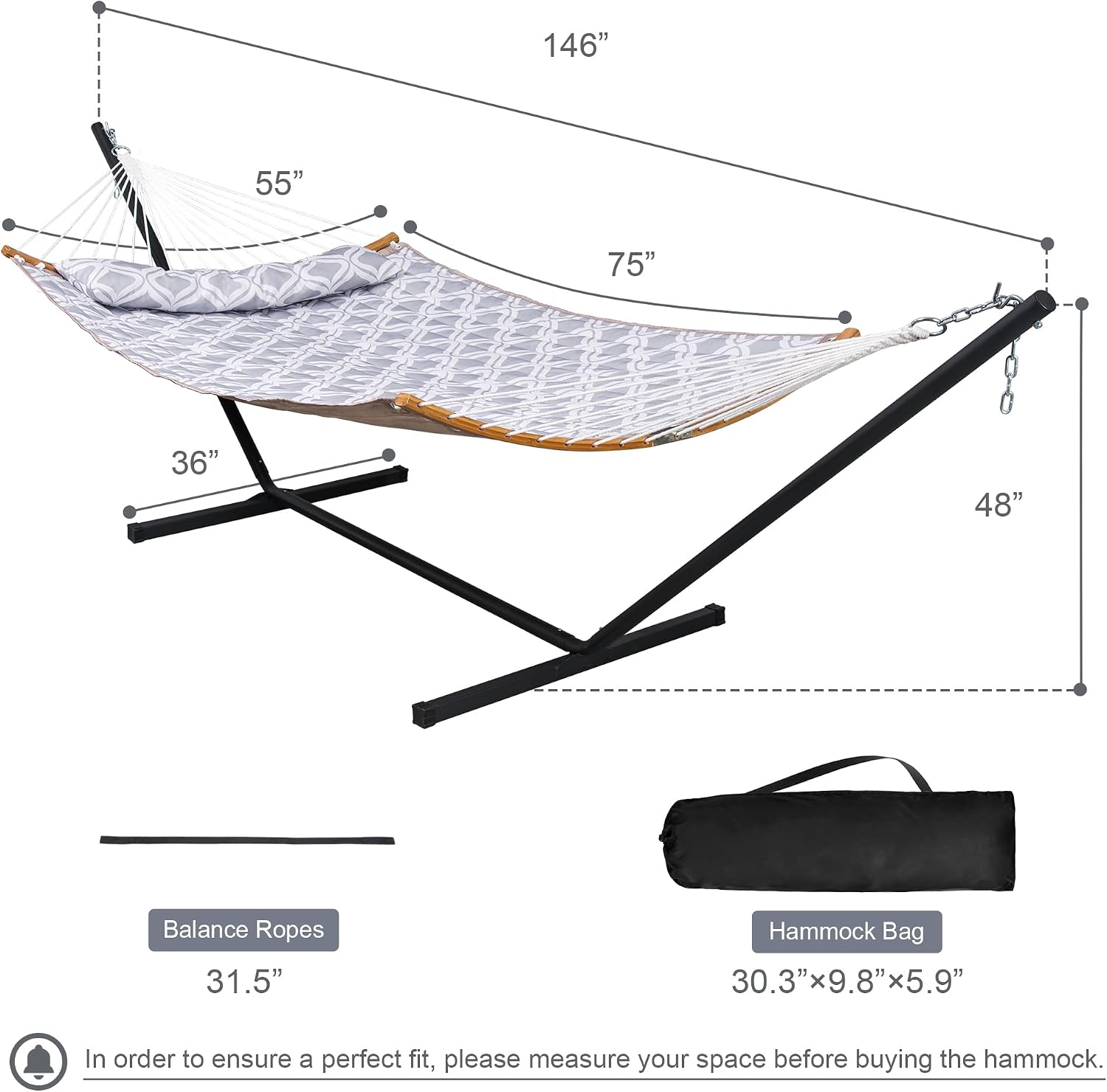 Large Hammock with 12FT Steel Stand, Freestanding Hammock with Curved Spreader Bar, Pillow and Portable Bag for Outside, Gray Ripples