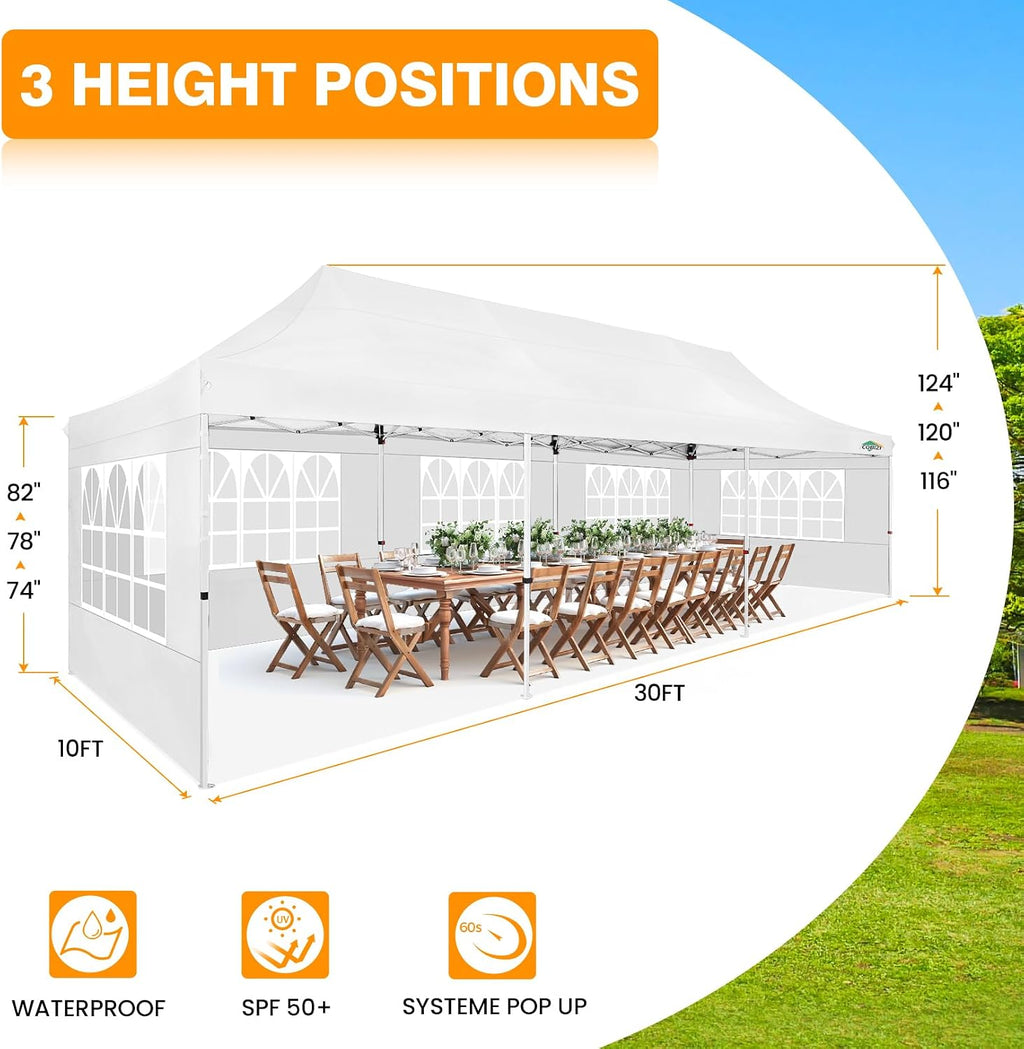 COBIZI 10x30 Pop up Canopy with 8 Removable Sidewalls & 4 Sandbags, Party Tent for Parties, Wedding, and Commercials, Waterproof and Instant Shelter UV50+ Ez Outdoor Canopy Tent with Roller Bag