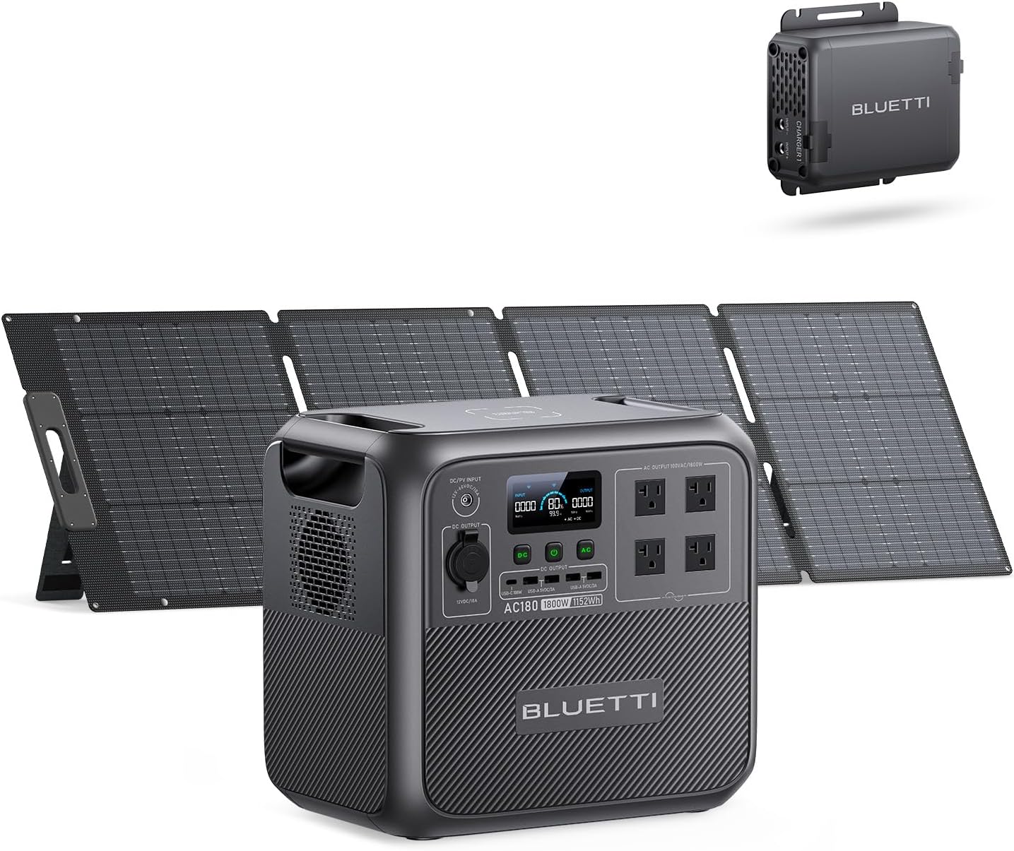 BLUETTI Solar Generator AC180 with 200W Panel & Charger 1 (Ship Separately), 1152Wh LFP Portable Power Station with w/4 1800W AC (2700W Surge), 560W DC-DC Fast Car Charger for Camping, RV, Off-Grid