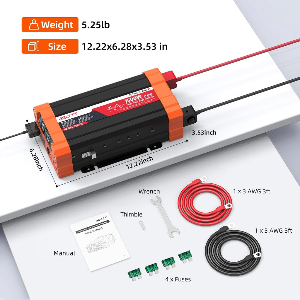 BELTTT 1500W Pure Sine Wave Inverter 12V to 120V AC, Inverter 12V to 110V Converter for Solar, Off-Grid, RV, Truck, Power Inverter with Dual AC Socket, 5V 2.1A USB, Surge 3000W, Smart LCD Display