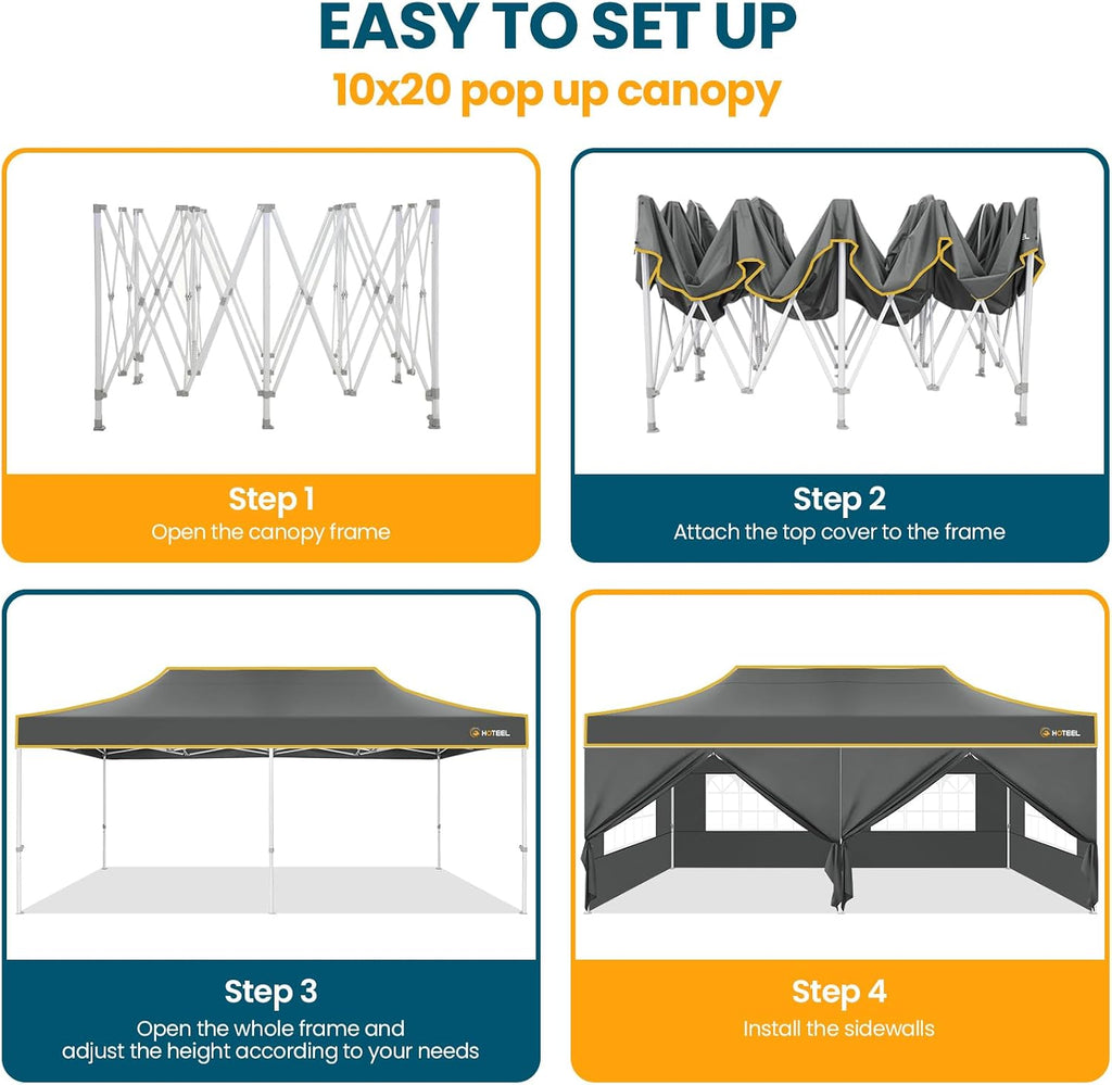 Hoteel 10x20 Pop Up Canopy Tent Heavy Duty with 6 Sidewalls, Waterproof Party Tent, Easy Set-up Commercial Instant Tents with Roller Bag & Sandbags, Hexagonal Leg (1-Year Warranty)