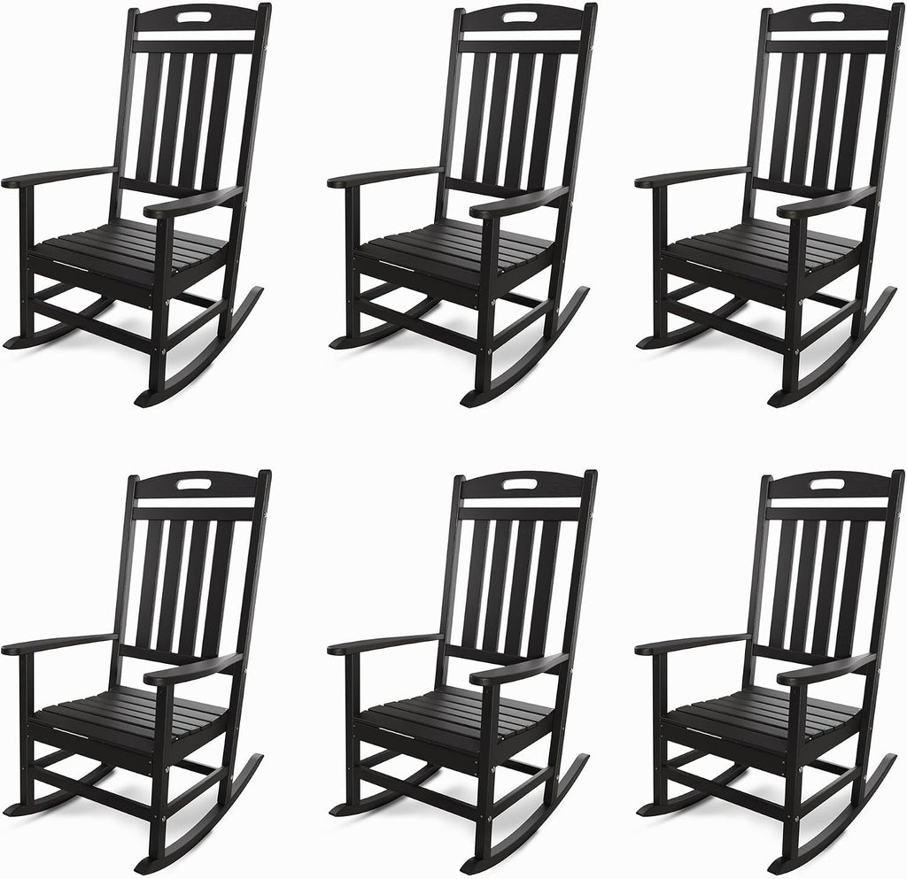 Outdoor Rocking Chair Set of 6, All-Weather Resistant Poly Lumber Rocker Chair Outdoor, High Back Plastic Patio Rocking Chairs for Outside Porch Rocker Garden Lawn, Black
